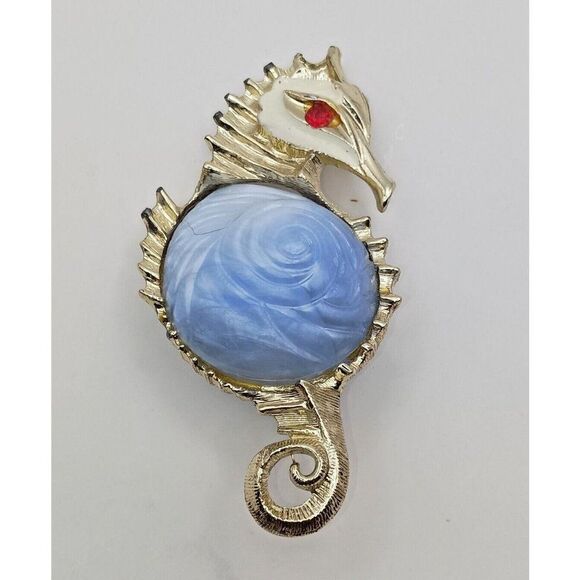 Vintage Jewelry - Vtg Seahorse Brooch Lucite Seashell Blue Jelly Belly Gold tone Enamel Rhinestone